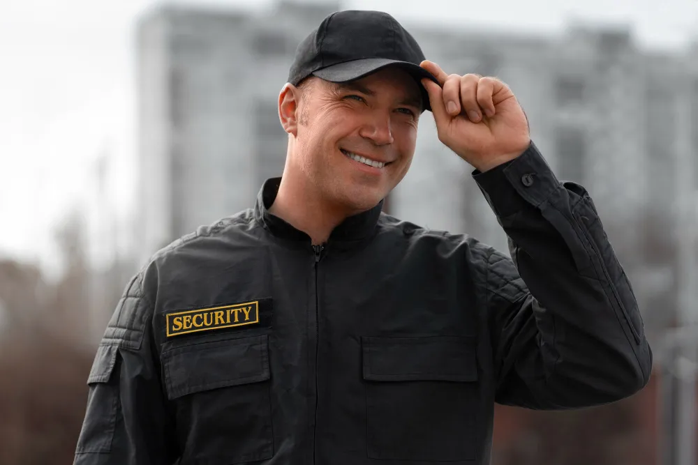 Glimlachende beveiliger in zwart uniform met pet tilt zijn pet op